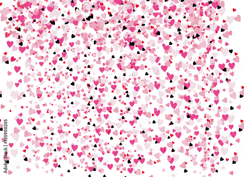 The background of the many scattered hearts.  The theme of love and Valentines Day. Different shades of pink and black. Confetti backdrop