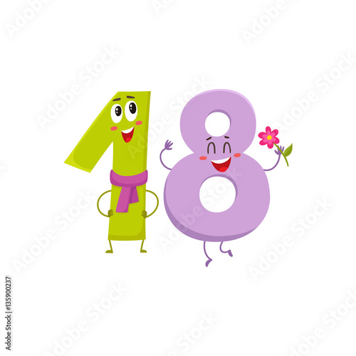 Cute and funny colorful 18 number characters, cartoon vector illustration isolated on white background. eighteen smiling characters, birthday greetings, anniversary