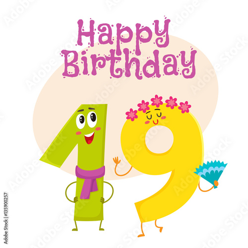 Happy birthday vector greeting card  poster  banner design with cute and funny nineteen number characters. nineteen smiling characters  happy birthday greeting card template