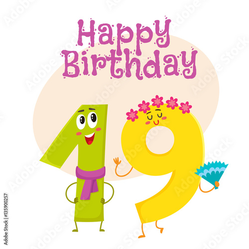 Happy birthday vector greeting card, poster, banner design with cute and funny nineteen number characters. nineteen smiling characters, happy birthday greeting card template