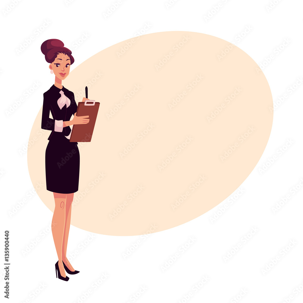 Young beautiful restaurant, cafe female manager in black dress meeting  guests, cartoon vector illustration on background with place for text. Full  length portrait of restaurant manager with a tablet Stock Vector |