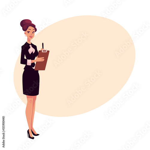 Young beautiful restaurant, cafe female manager in black dress meeting guests, cartoon vector illustration on background with place for text. Full length portrait of restaurant manager with a tablet