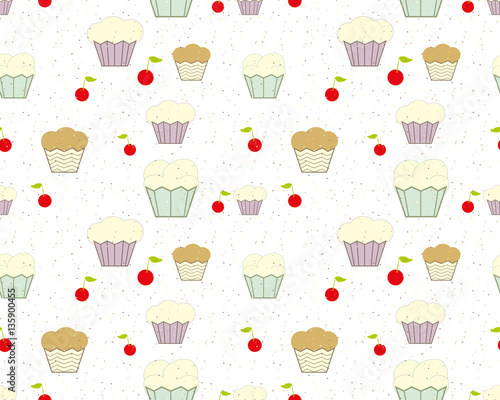 Background with cupcakes, cherries and colored chips Wallpaper White color Vector seamless pattern