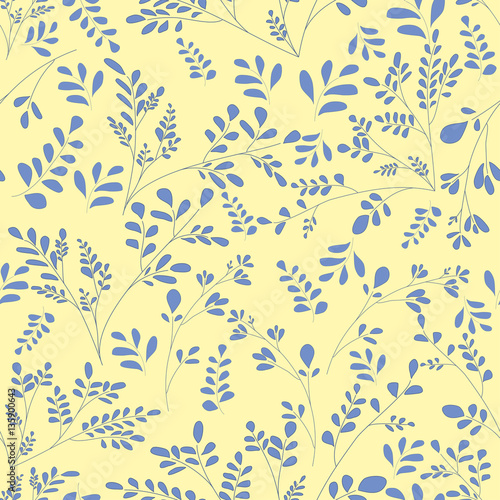 Plain background with small plants and leaves. Floral ornament in the style of the sketch lines Blue on white color Vector seamless background scrapbooking idea Shabby Chic