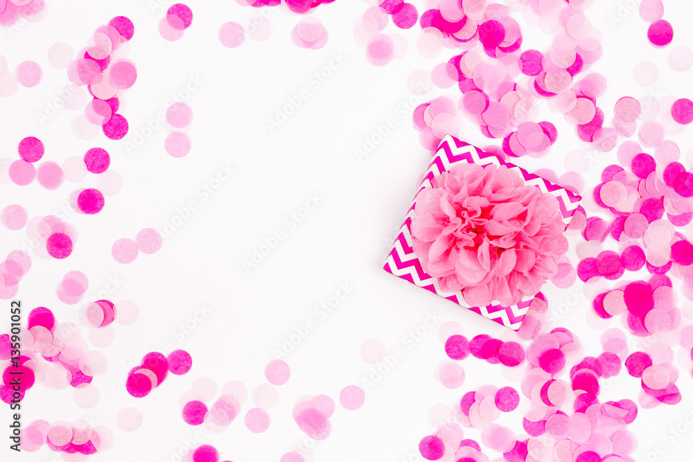 Holiday background with Gift  and Pink paper confetti, birthday concept.