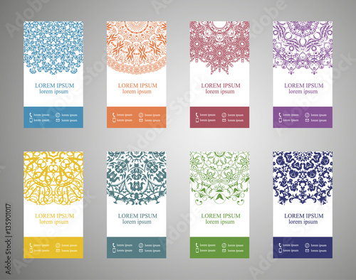 Colorful ornamental ethnic banner set. Templates with doodle tribal mandalas. Vector illustration.