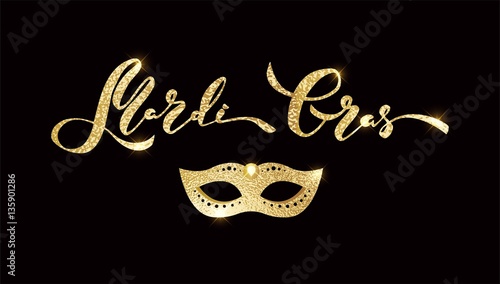 Mardi gras golden script and mask. Golden type at black background. Masquerade invitation design. Vector illustration