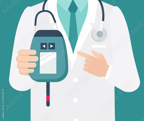 Diabetes day concept. Close-up of a male doctor with lab coat in his office holding a blood glucose meter. Vector illustration