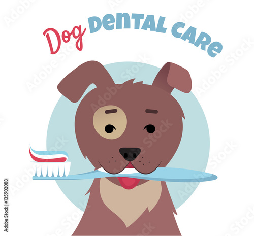 Dog holding electric toothbrush with mouth. Dog dental care concept. Vector flat illustration