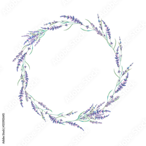 Watercolor lavender wreath. Hand drawn field flowers frame isolated on white background. Floral design photo