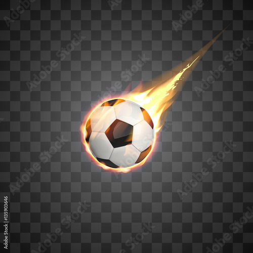 Flying burning football ball on transparent background.