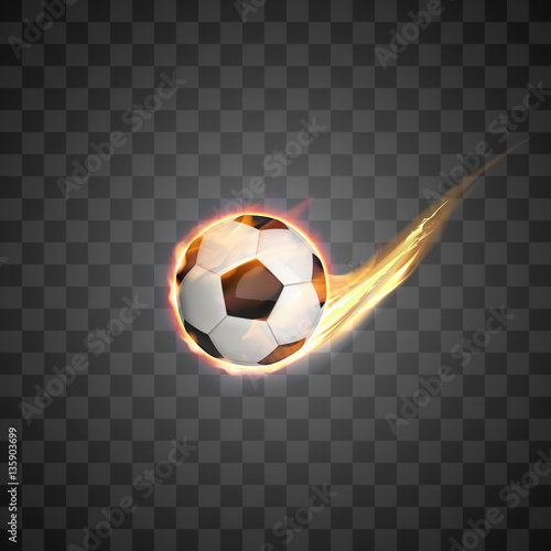 Flying burning football ball on transparent background.
