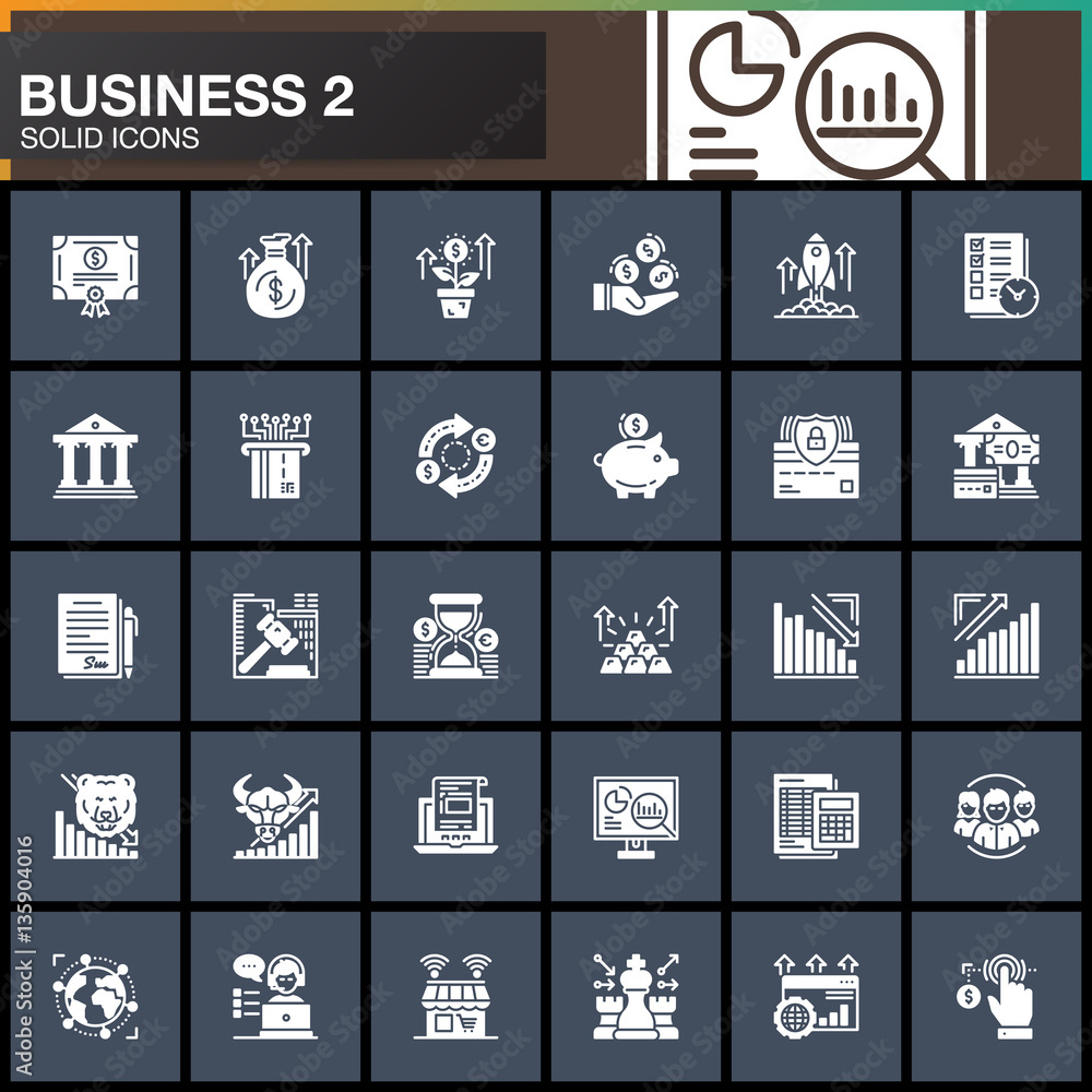 Business, finance, money vector icons set, modern solid symbol collection, filled white pictogram pack. Signs, logo illustration. Set includes icons as bank, bond, exchange, strategy, shop, investment