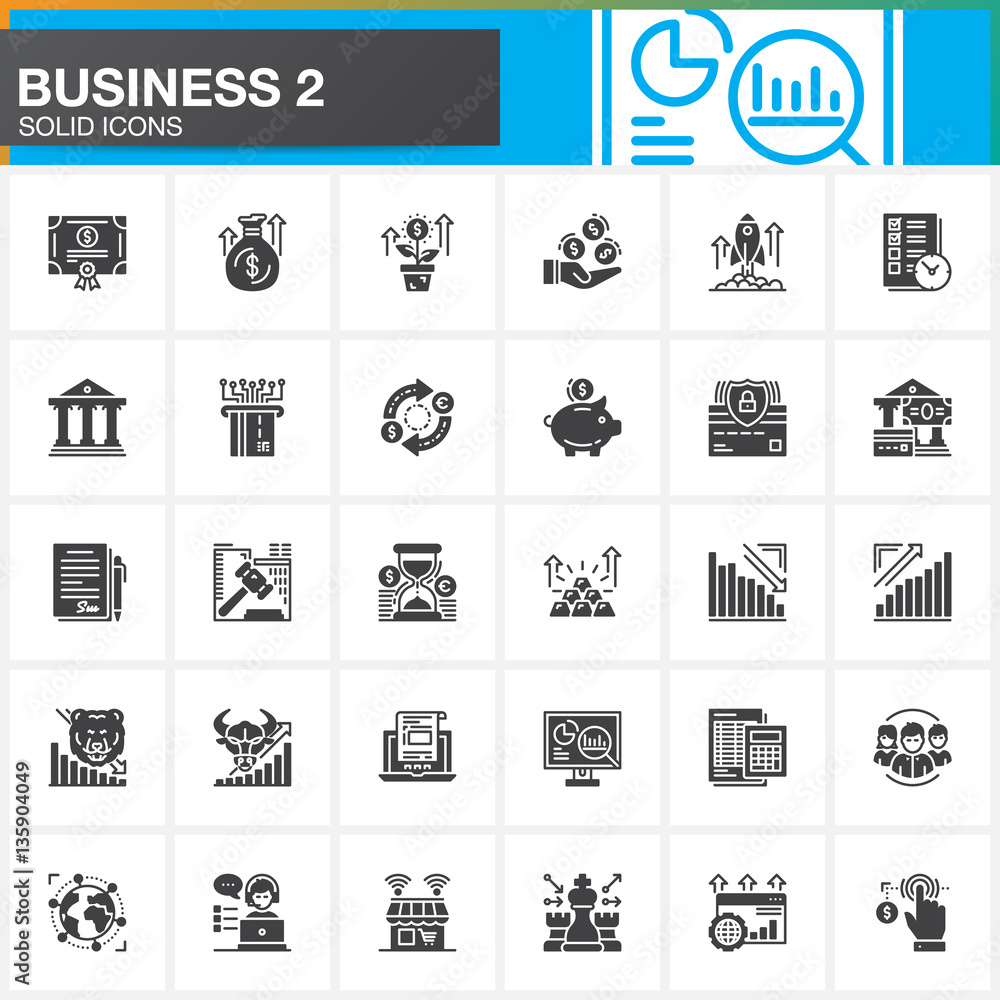 Business, finance, money vector icons set, modern solid symbol collection, filled style pictogram pack. Signs, logo illustration. Set includes icons as bank, bond, exchange, strategy, shop, investment