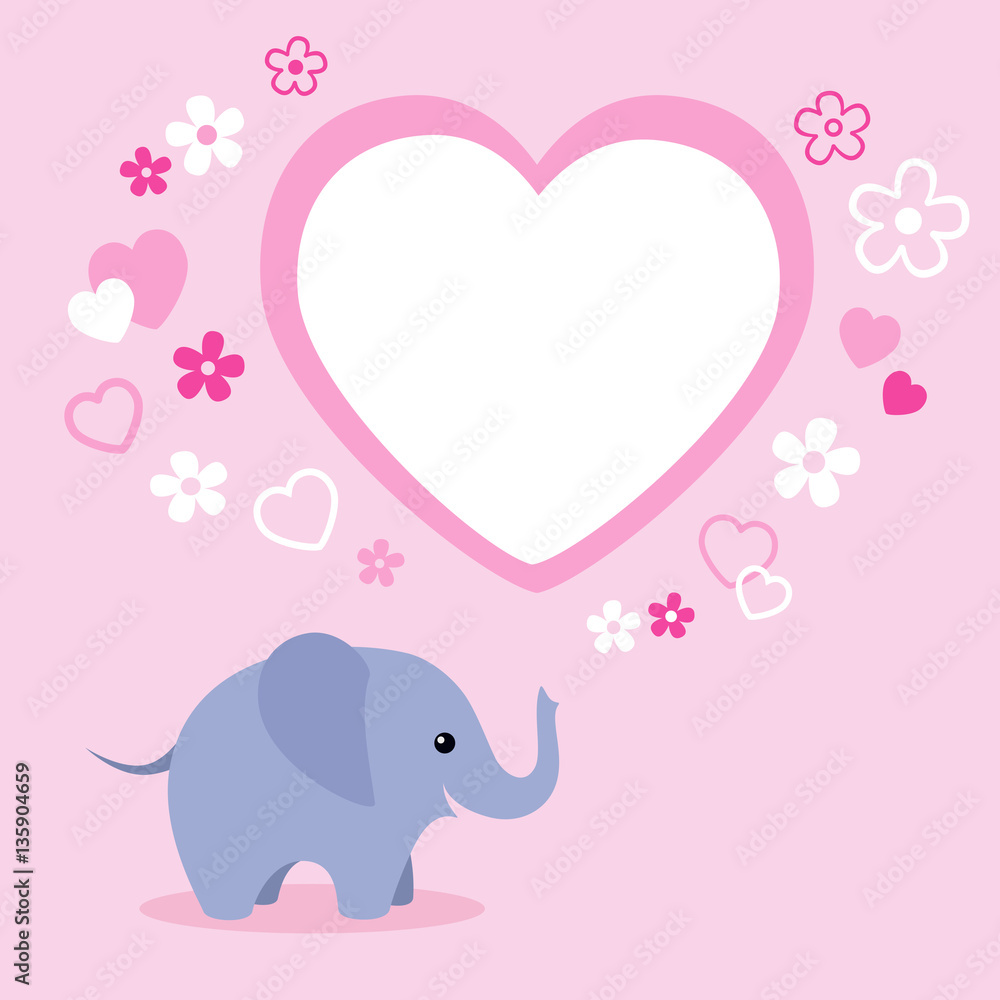 Cute elephant with flowers, heart and text box