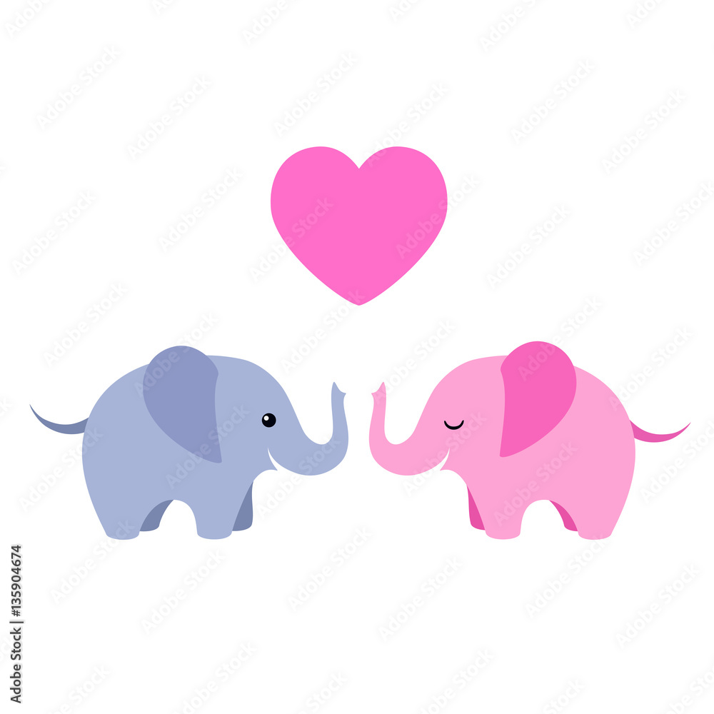 Two cute elephants with heart isolated on white background Two cute elephants with heart isolated on white background
