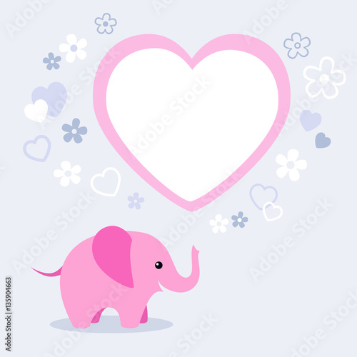 Cute pink elephant with flowers, heart and text box