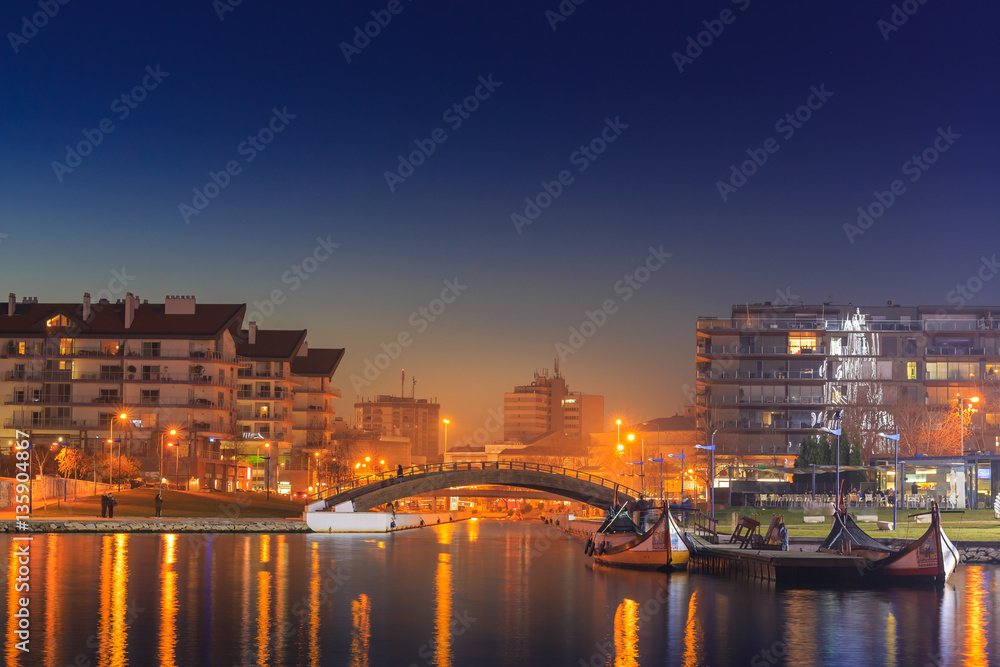 View from Aveiro city center town by night