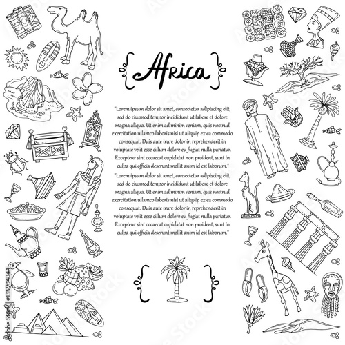 Cover with hand drawn isolated symbols of Africa on white background. Illustration on the theme of travel and tourism