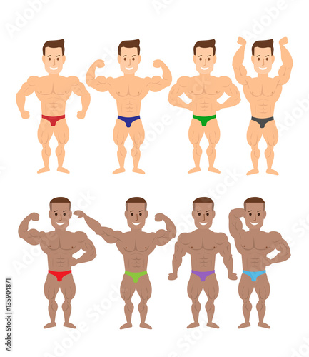 cartoon bodybuilders muscle men in various poses on white background