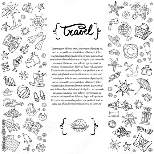 Cover with hand drawn isolated symbols of travel on white background. Illustration on the theme of tourism, summer