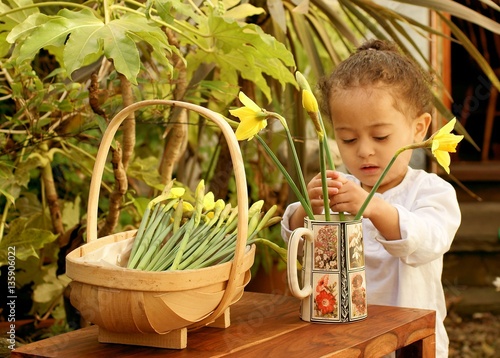 фотографія Young flower arranger sorting daffodils in the garden