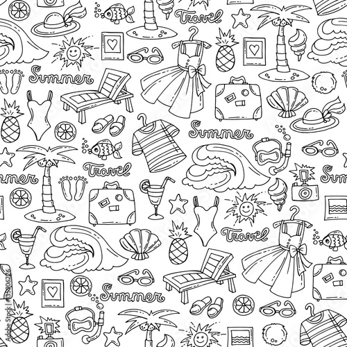 Pattern with hand drawn isolated symbols of recreation on white color. Pattern on the theme of summer, travel, tourism