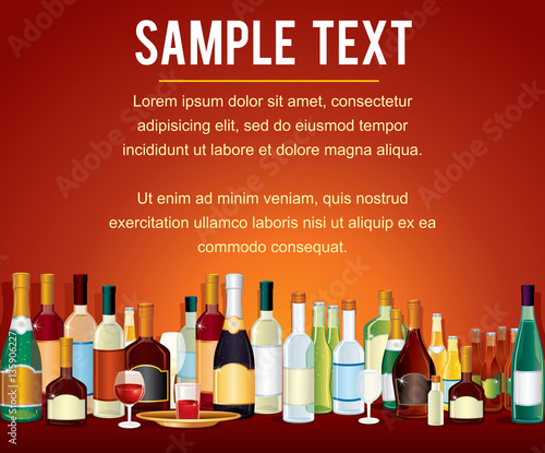 Various Alcohol Bottles in a Bar Counter. Vector Drinks
