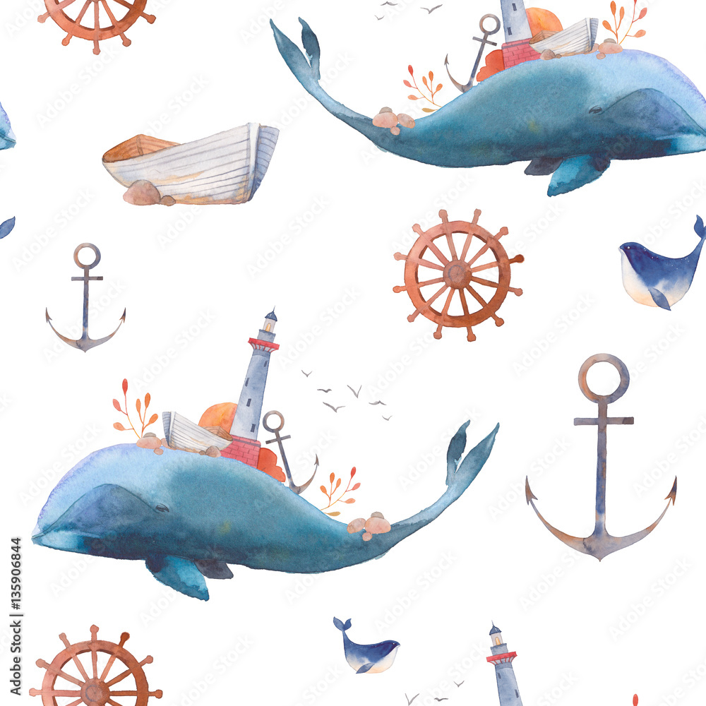 Obraz premium Akwarela kreatywny wzór wieloryba. Ręcznie malowane tekstury fantasy z wielorybem błękitnym, latarnią morską, kotwicą, roślinami, kołem, starą łodzią, kamieniami na białym tle. Tapeta marynistyczna w stylu vintage