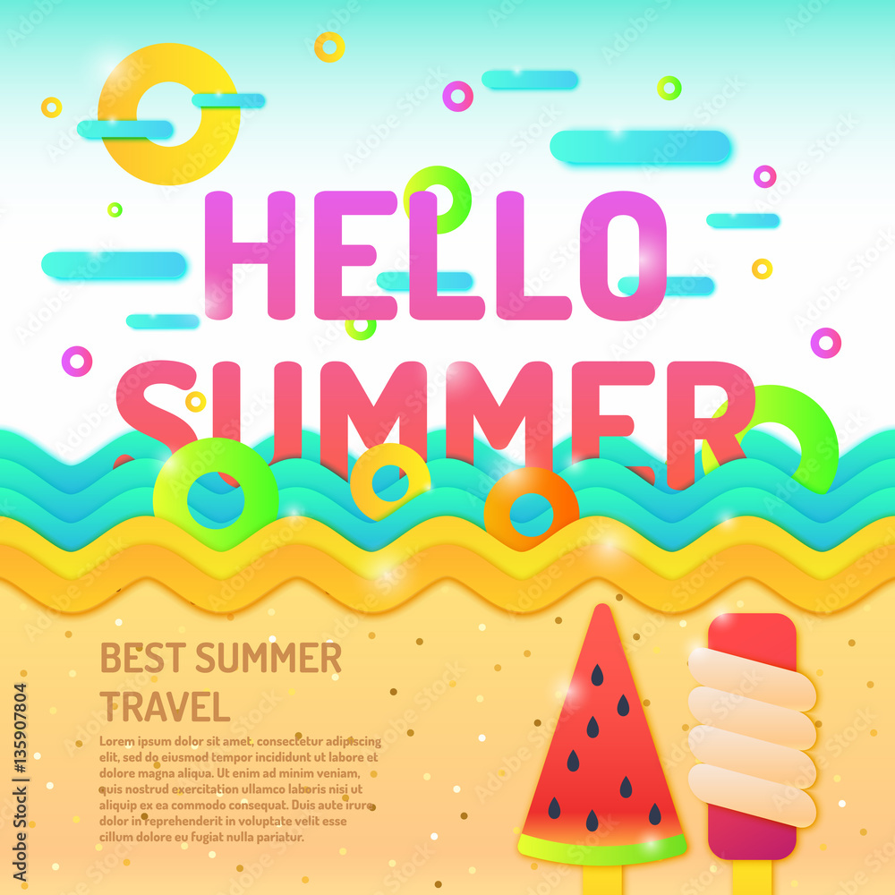 Vector poster Hello summer and seascape.