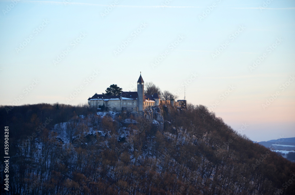 Aerial view  of Hohenneuffen Castle of Swabian Alps, Germany during sunset