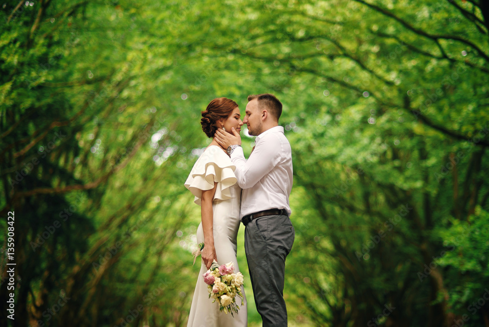 Stylish lovely couple in warm hugs under an arch of trees in the