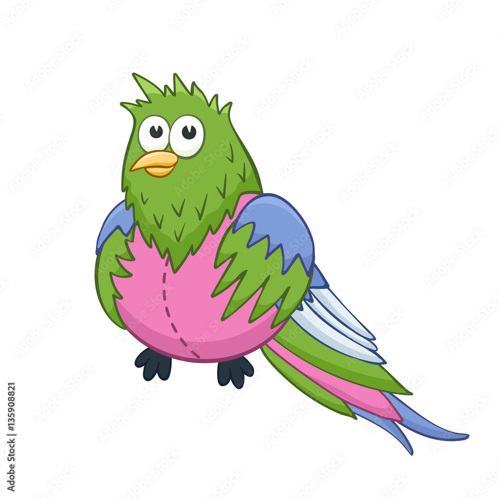 Cute cartoon animal. Stuffed quetzal. Vector plush toy isolated on white background.