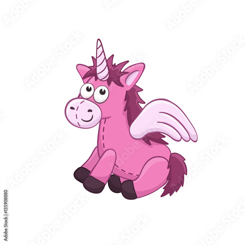 Cute cartoon animal. Stuffed unicorn. Vector plush toy isolated on white background.