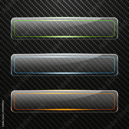 Set of transparent horizontal glass banners with colored light effect on Carbon background , vector illustration