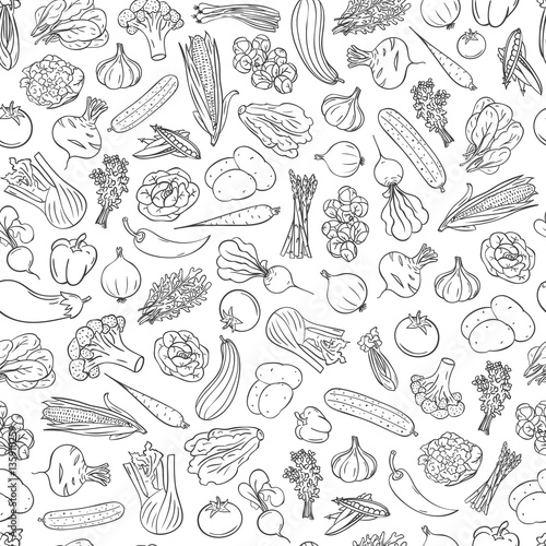Seamless Pattern With Many Vegetables. Hand-drawn Style Vector Illustration.