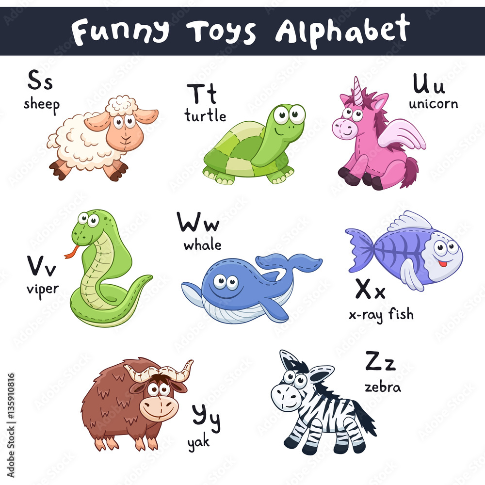 Obraz premium Funny animals alphabet. Cute cartoon animals with latin letters isolated on white background. Plush toys collection. Vector illustration of adorable baby animals. 