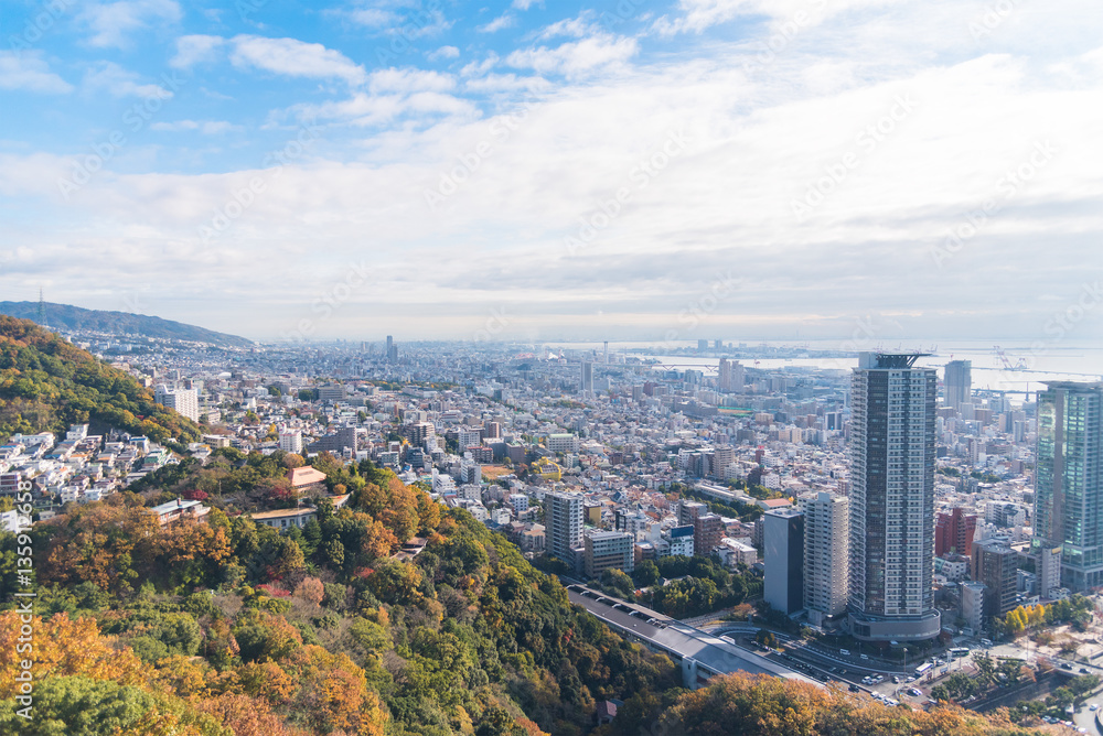 Aerial view of Kobe city in the autumn.