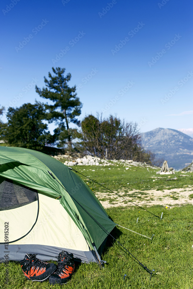 .Camping with a tent in the mountains.