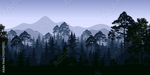 Seamless Horizontal Night Forest Landscape, Trees and Mountains Silhouettes. Vector