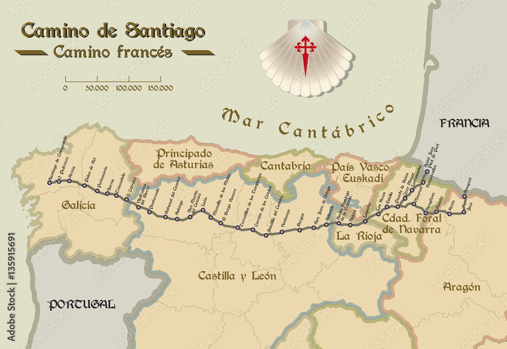 Old style map of Saint James way french route. Camino de Santiago. Camino  francés. Mapa del camino de santiago Stock Vector | Adobe Stock