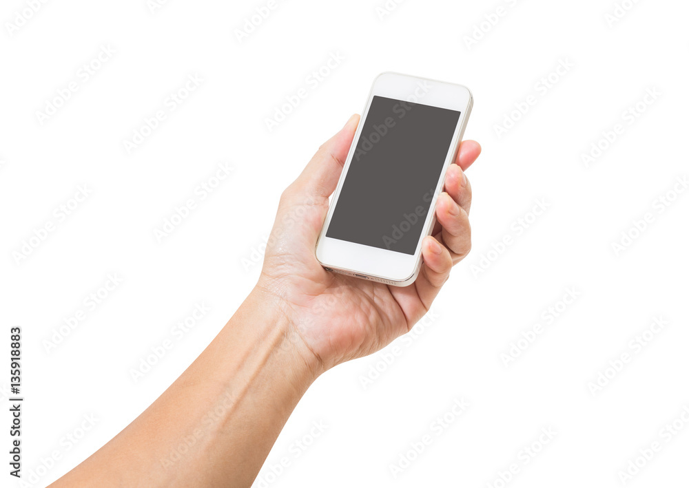 Man hand holding mobile phone isolated on white background. clip Man hand holding mobile phone isolated on white background. clip