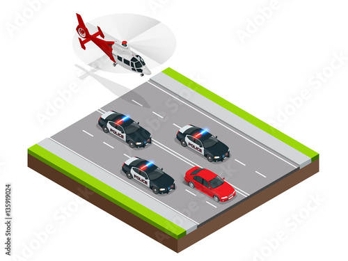 Police in pursuit of a criminal with a stolen car or drunk driving, speeding. Isometric Police Chase illustration concept. Law enforcement speeding after criminal.