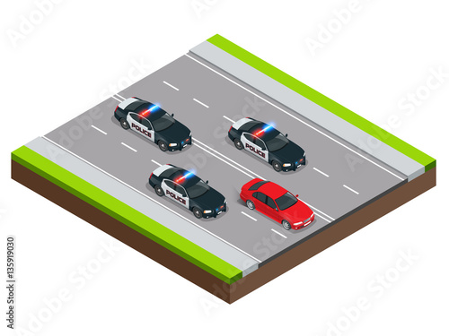 Police in pursuit of a criminal with a stolen car or drunk driving, speeding. Isometric Police Chase illustration concept. Law enforcement speeding after criminal.