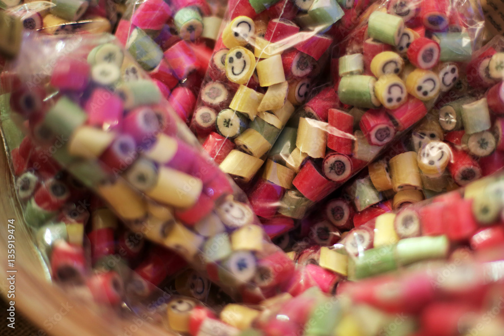 Colorful candies on market stand