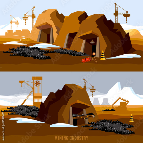 Coal mine banner. Process of coal mining industry, bulldozers
