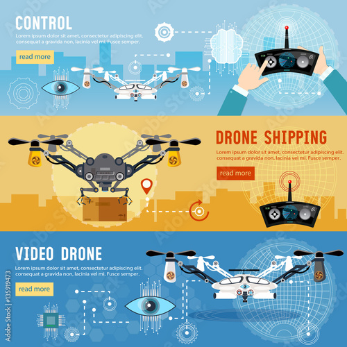 Drone flat banner, modern drone and remote control