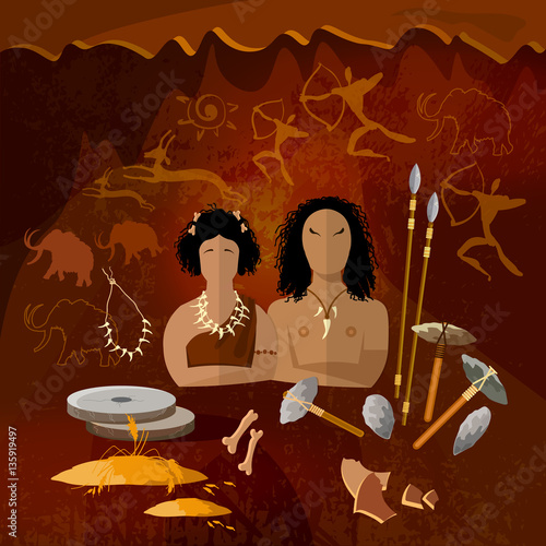 Stone age, cave man and cave woman, neanderthal family in a cave