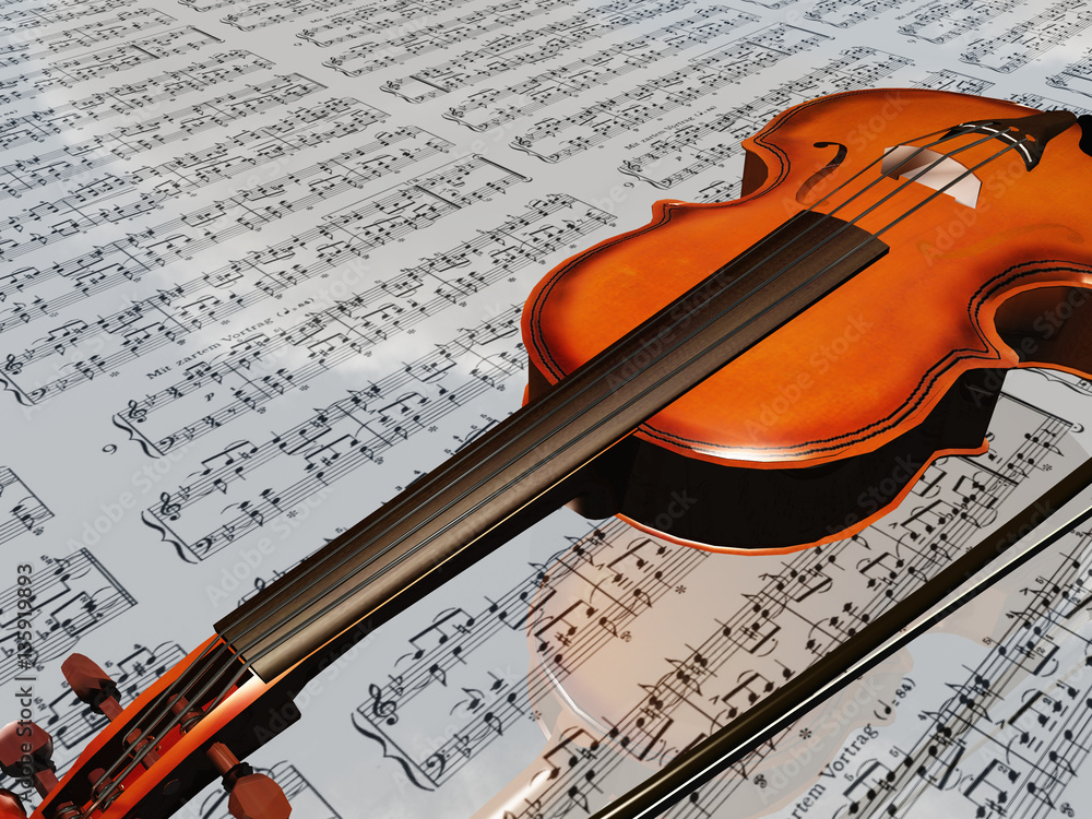 Naklejka premium Violin on sheet music backdrop with clouds reflecting