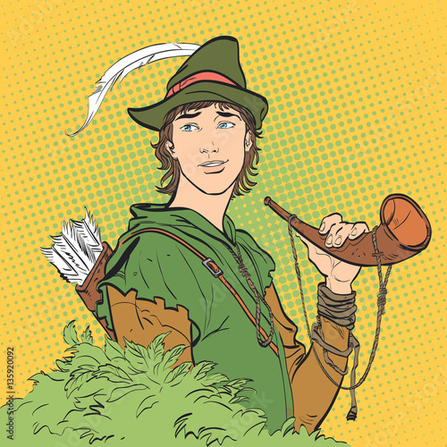 Robin Hood with a horn. Young soldier. Noble robber. Defender of weak. Medieval legends. Heroes of medieval legends.Halftone background. Retro style illustration. People in retro style. 